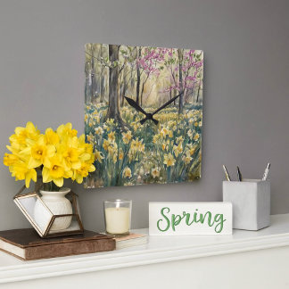 Watercolor Woodland Daffodils Blossoms  Square Wall Clock