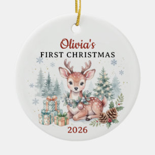 Watercolor Woodland Deer Baby 1st Christmas Ceramic Tree Decoration