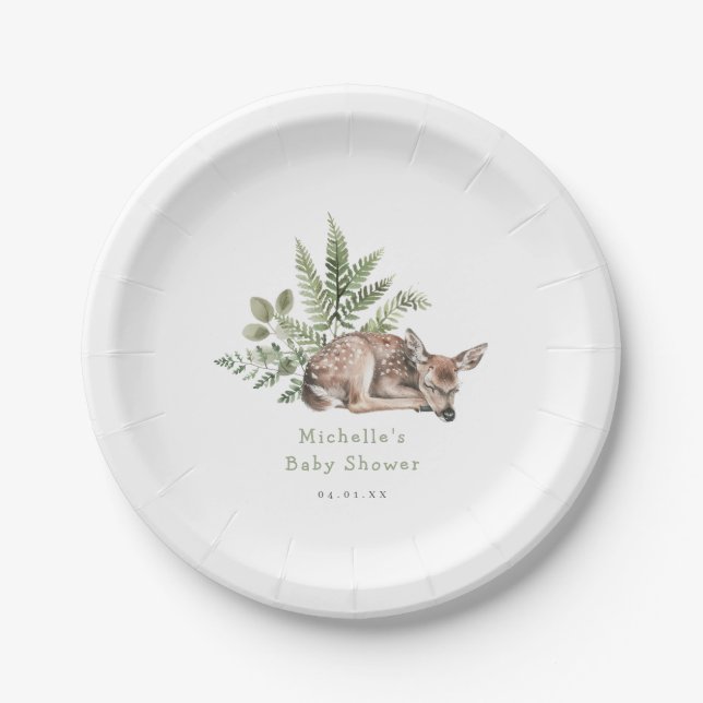 Watercolor Woodland Deer Baby Shower Paper Plate (Front)
