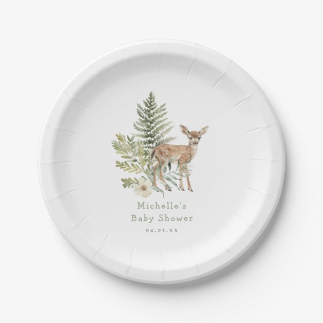 Watercolor Woodland Deer Baby Shower Paper Plate (Front)
