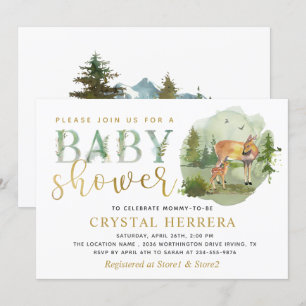 Watercolor Woodland Deer Greenery Baby Shower Invitation