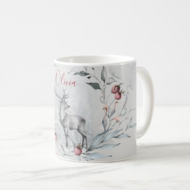 Watercolor Woodland Deer in Christmas Wreath Coffee Mug (Front Right)