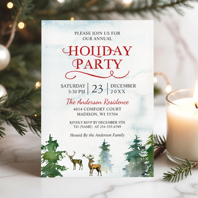 Watercolor Woodland Deer Snow Forest Holiday Party Invitation (Creator Uploaded)