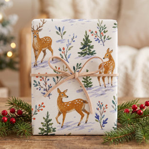 Watercolor Woodland Deer Winter Village Wrapping Paper Sheet