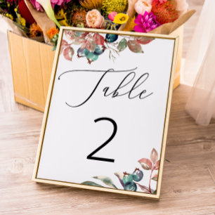 Watercolor woodland fall floral blueberry wedding table number