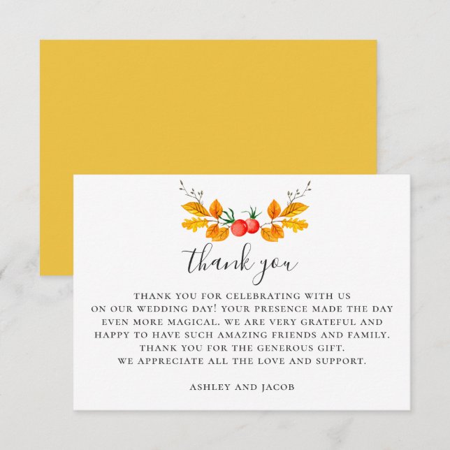 Watercolor woodland fall wedding. Botanical autumn Thank You Card (Front/Back)