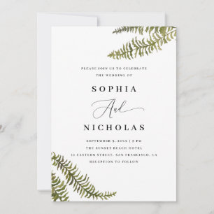 Watercolor woodland fern. Greenery floral wedding Invitation
