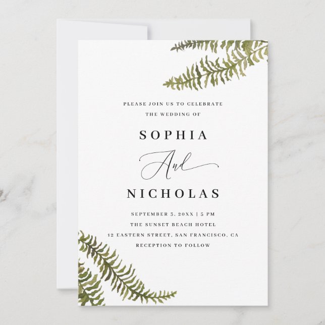Watercolor Woodland Fern | Wedding Photo & QR Code Invitation (Front)