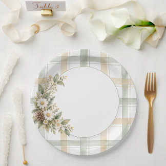 Watercolor Woodland Floral Plaid Paper Plate