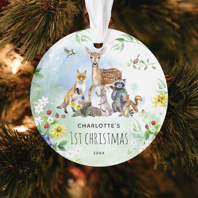Watercolor Woodland Forest Animals 1st Christmas Ornament (Creator Uploaded)