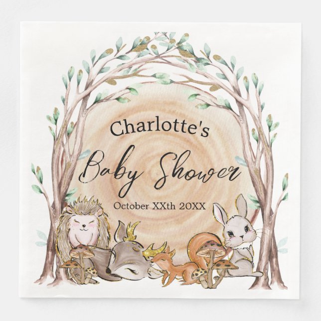 Watercolor Woodland Forest Animals Baby Shower Napkin (Front)