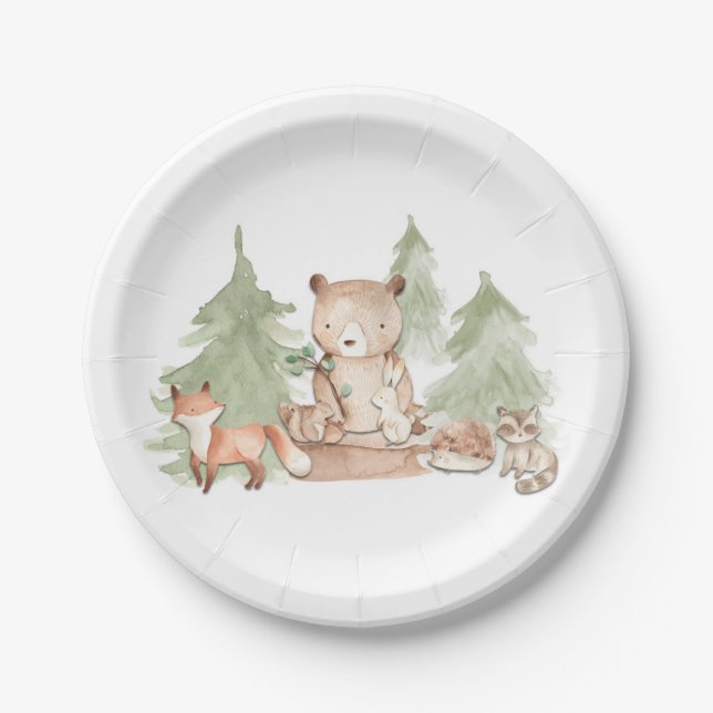 Watercolor Woodland Forest Animals Baby Shower Paper Plate (Front)