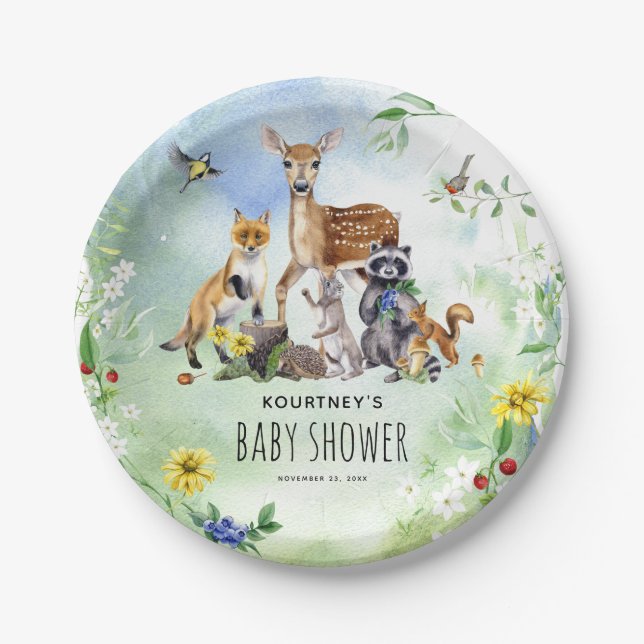 Watercolor Woodland Forest Animals Baby Shower Paper Plate (Front)