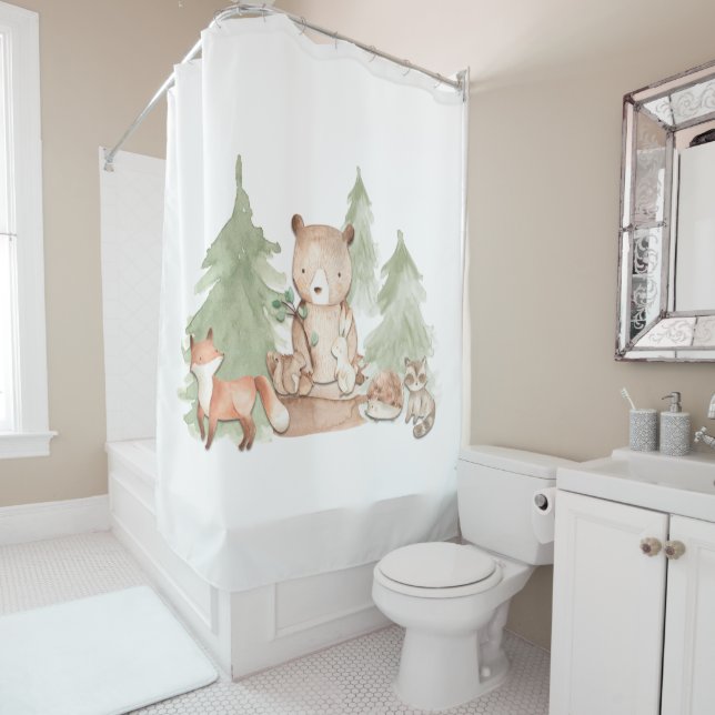 Watercolor Woodland Forest Animals Cute Kids Shower Curtain (In Situ)