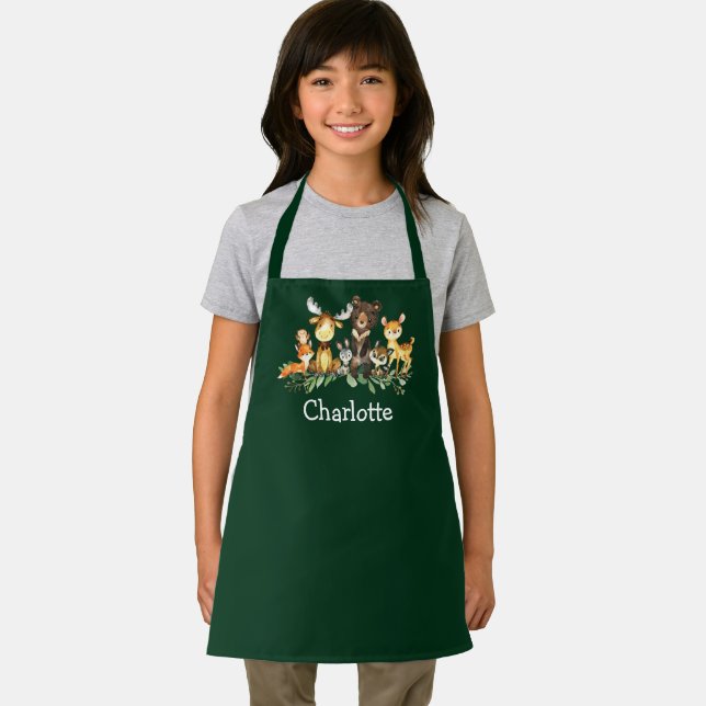 Watercolor Woodland Forest Animals Green Apron (Insitu)