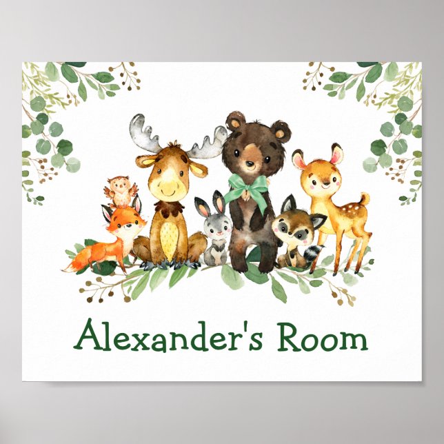 Watercolor Woodland Forest Animals Green Bow Poster (Front)