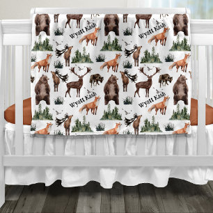 Watercolor Woodland Forest Animals Name Fleece Blanket