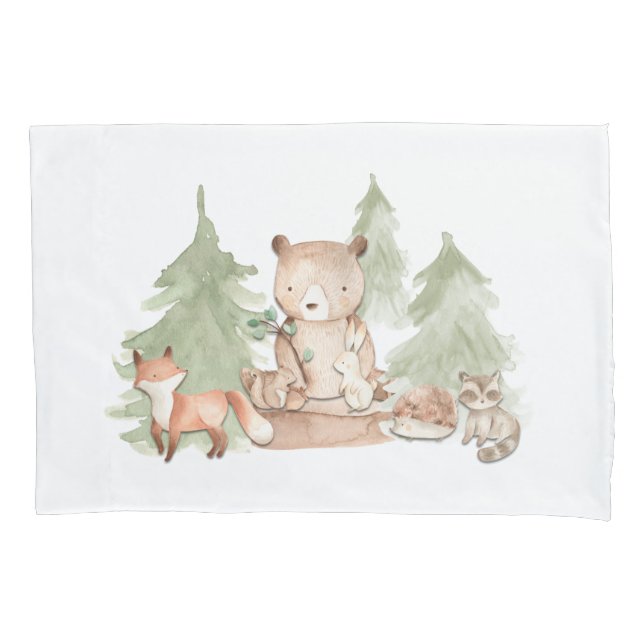 Watercolor Woodland Forest Animals Nursery Bedroom Pillowcase (Front)