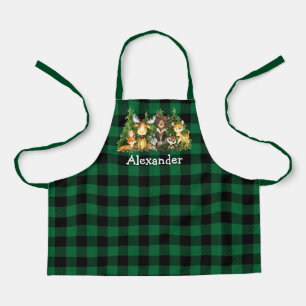 Watercolor Woodland Forest Animals Plaid Green Apron