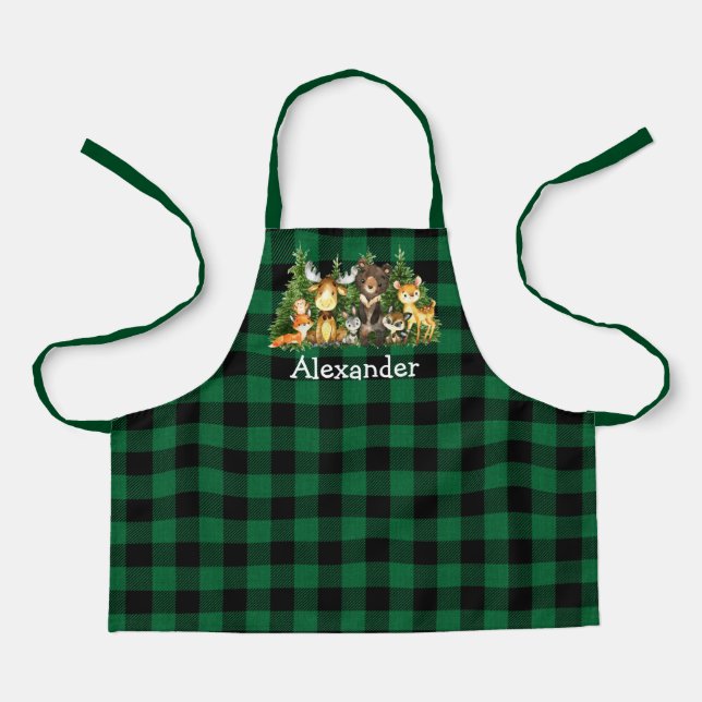 Watercolor Woodland Forest Animals Plaid Green Apron (Front)