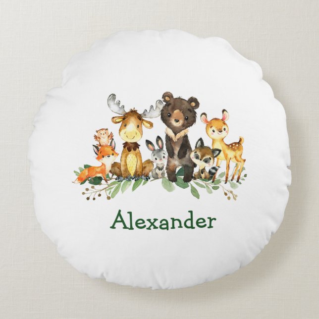 Watercolor Woodland Forest Animals Round Cushion (Front)