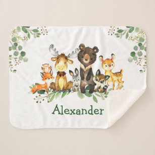 Watercolor Woodland Forest Animals Sherpa Blanket