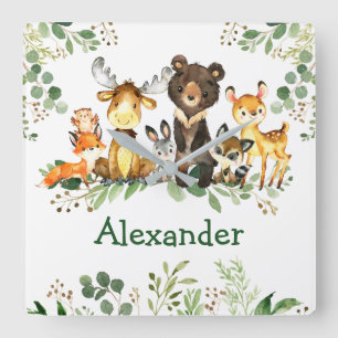 Watercolor Woodland Forest Animals Square Wall Clock
