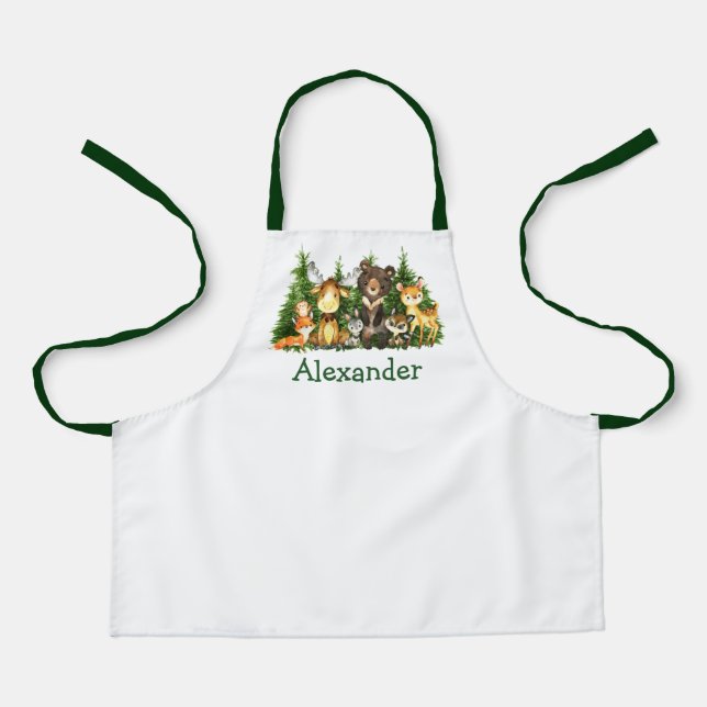 Watercolor Woodland Forest Animals Trees Apron (Front)