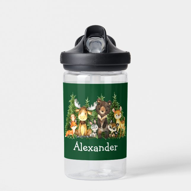 Watercolor Woodland Forest Animals Trees Green Water Bottle (Front)