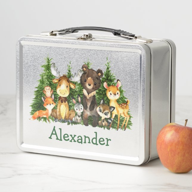 Watercolor Woodland Forest Animals Trees Metal Lunch Box (In Situ)