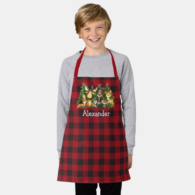 Watercolor Woodland Forest Animals Trees Plaid Apron (Worn)