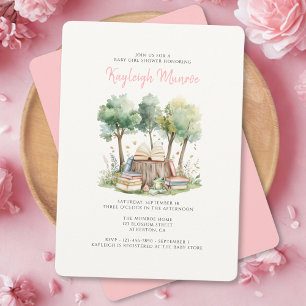 Watercolor Woodland Forest Books Baby Girl Shower Invitation