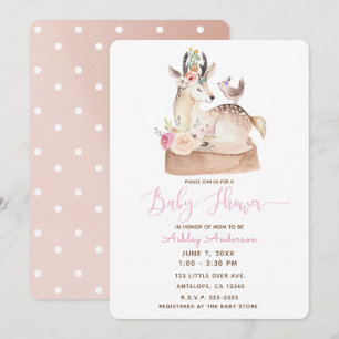 Watercolor Woodland Forest Deer & Bird Baby Shower Invitation