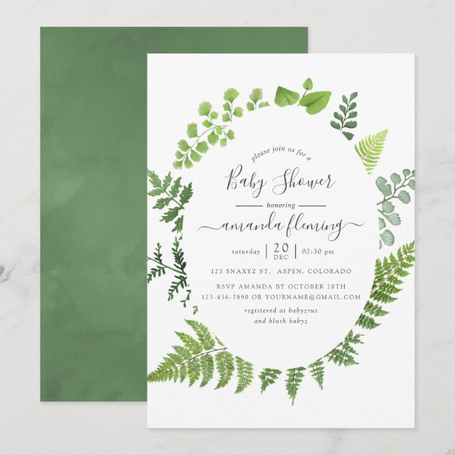 Watercolor Woodland Forest Greenery Baby Shower Invitation (Front/Back)