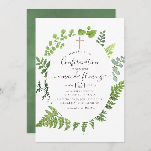 Watercolor Woodland Forest Greenery Confirmation Invitation (Front/Back)
