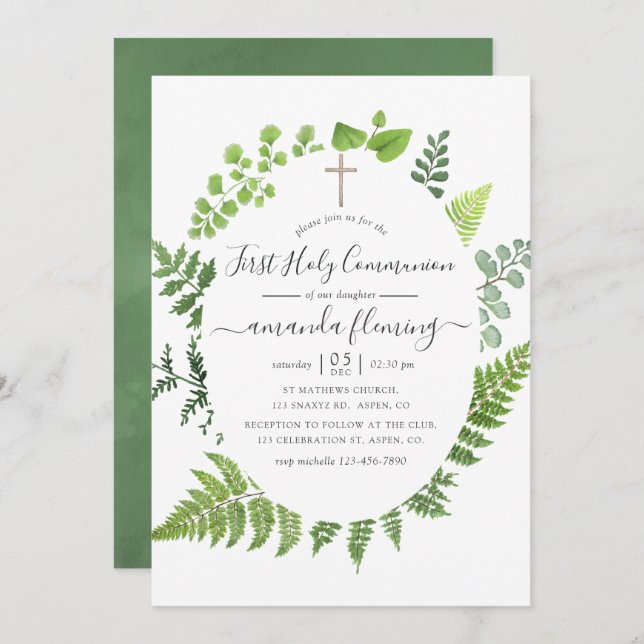 Watercolor Woodland Forest Greenery Holy Communion Invitation (Front/Back)