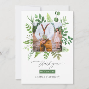 Watercolor Woodland Forest Greenery Wedding Photo Thank You Card