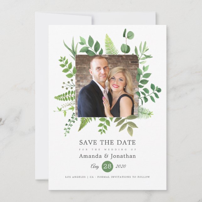 Watercolor Woodland Forest Greenery Wedding Save The Date (Front)
