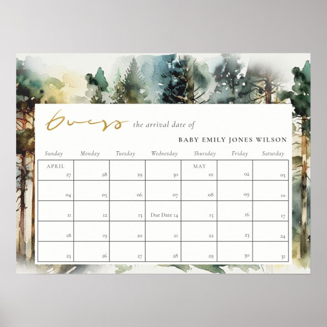 Watercolor Woodland Forest Guess Baby Due Date Poster (Front)