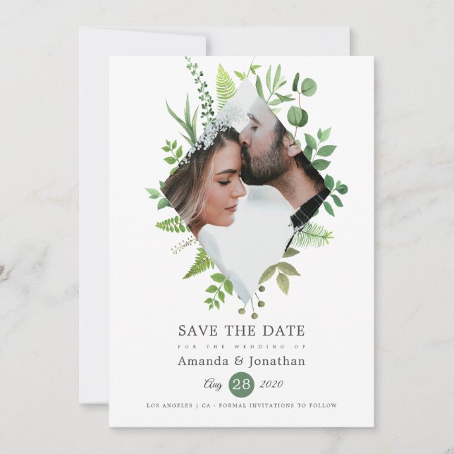 Watercolor Woodland Forest Photo Wedding Save The Date (Front)