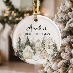 Watercolor Woodland Forest Trees First Christmas Ceramic Tree Decoration