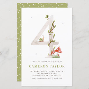 Watercolor Woodland Fourth Birthday Invitation