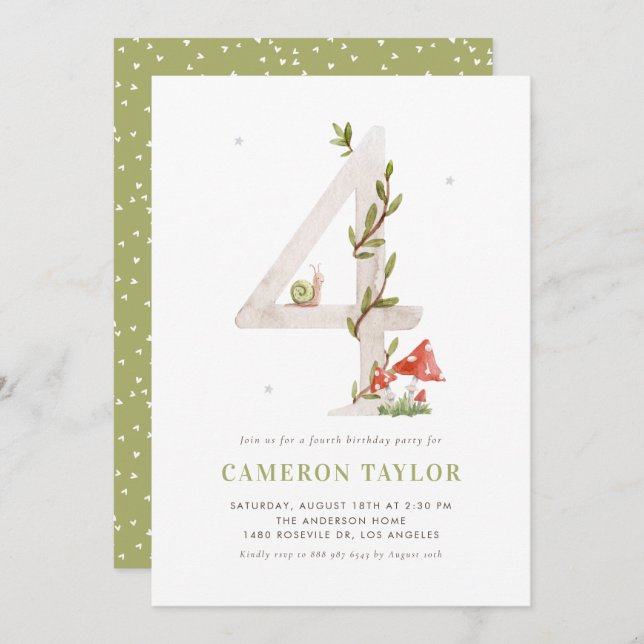 Watercolor Woodland Fourth Birthday Party Invitation (Front/Back)
