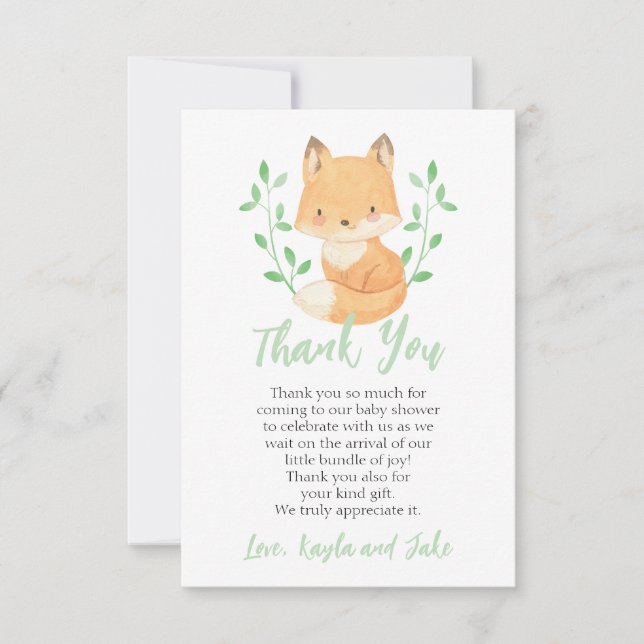 Watercolor Woodland Fox Baby Shower Thank You Card (Front)