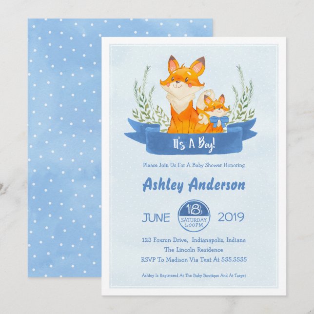 Watercolor Woodland Fox Boy Baby Shower Invitation (Front/Back)