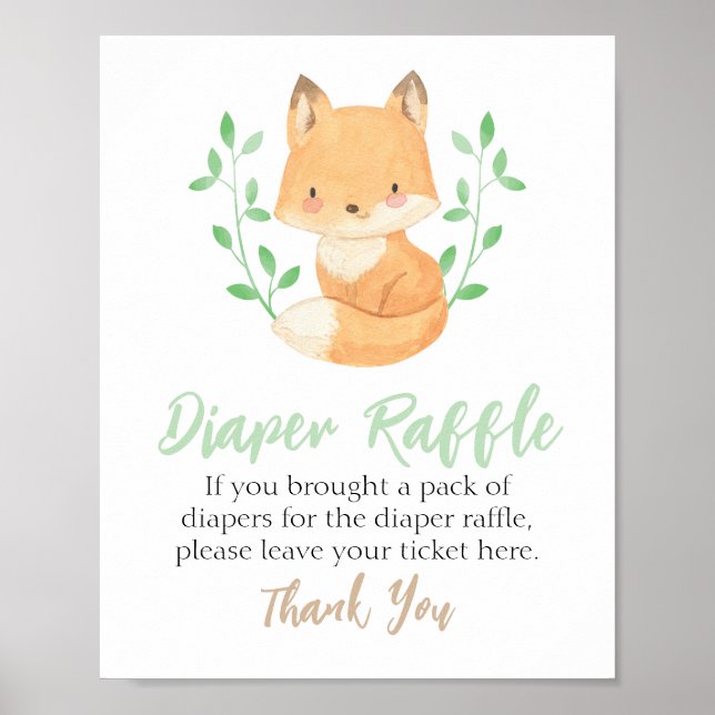 Watercolor Woodland Fox Diaper Raffle Sign (Front)