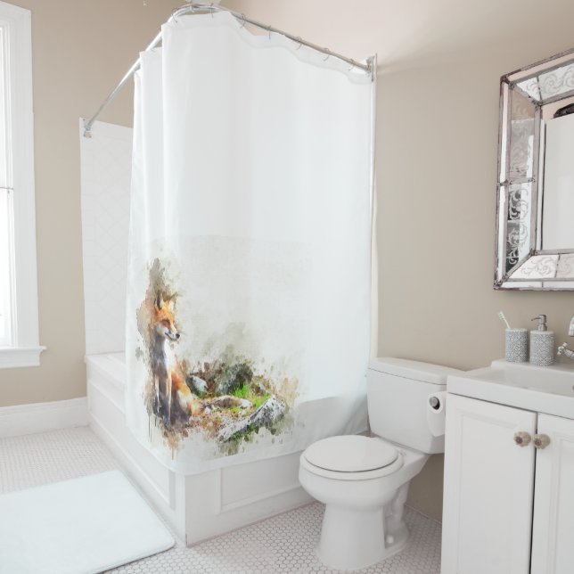 Watercolor woodland fox forest landscape shower curtain (In Situ)