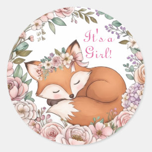 Watercolor Woodland Fox It's a Girl Classic Round Sticker