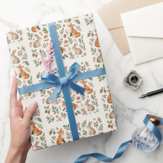 Watercolor Woodland Fox Rabbit Sage Green Wrapping Paper