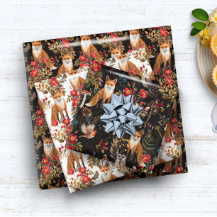 Watercolor Woodland Fox Red Wildflower Autumn Wrapping Paper Sheet